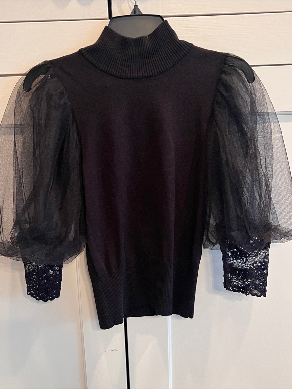 Gracia Black Mock Neck Knit Top with Sheer Puff & Lace Sleeves-small